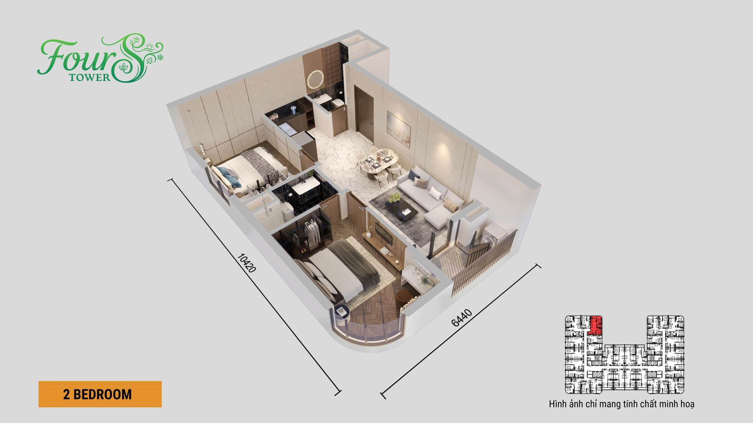 Căn hộ 2 phòng ngủ tối ưu không gian sống tại F2 FourS Tower.